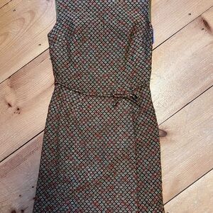 Sleeveless Patterned Sheath Dress in Olive and Rust